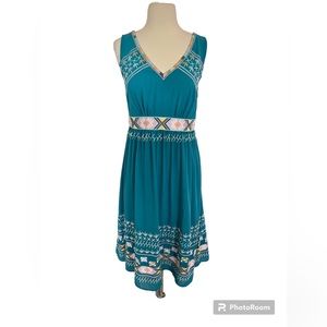 SUNDANCE Turquoise Dress SZ 4 Midi Geometric Embroidered Gauze Dress Bohemian